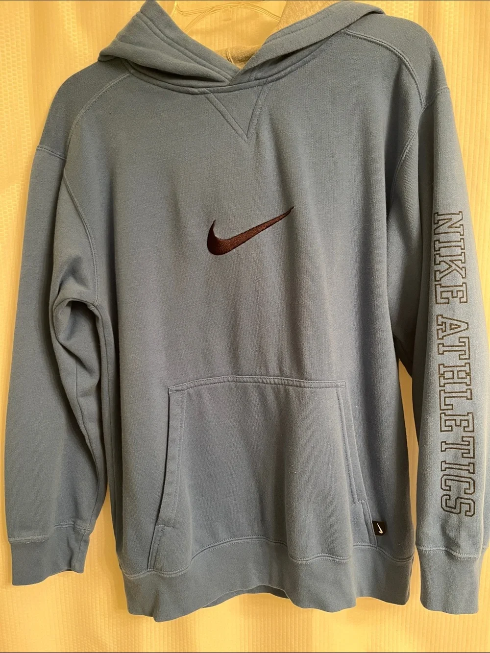 Nike Slate Blue Pullover Hoodie with Black Swoosh and Sleeve Lettering